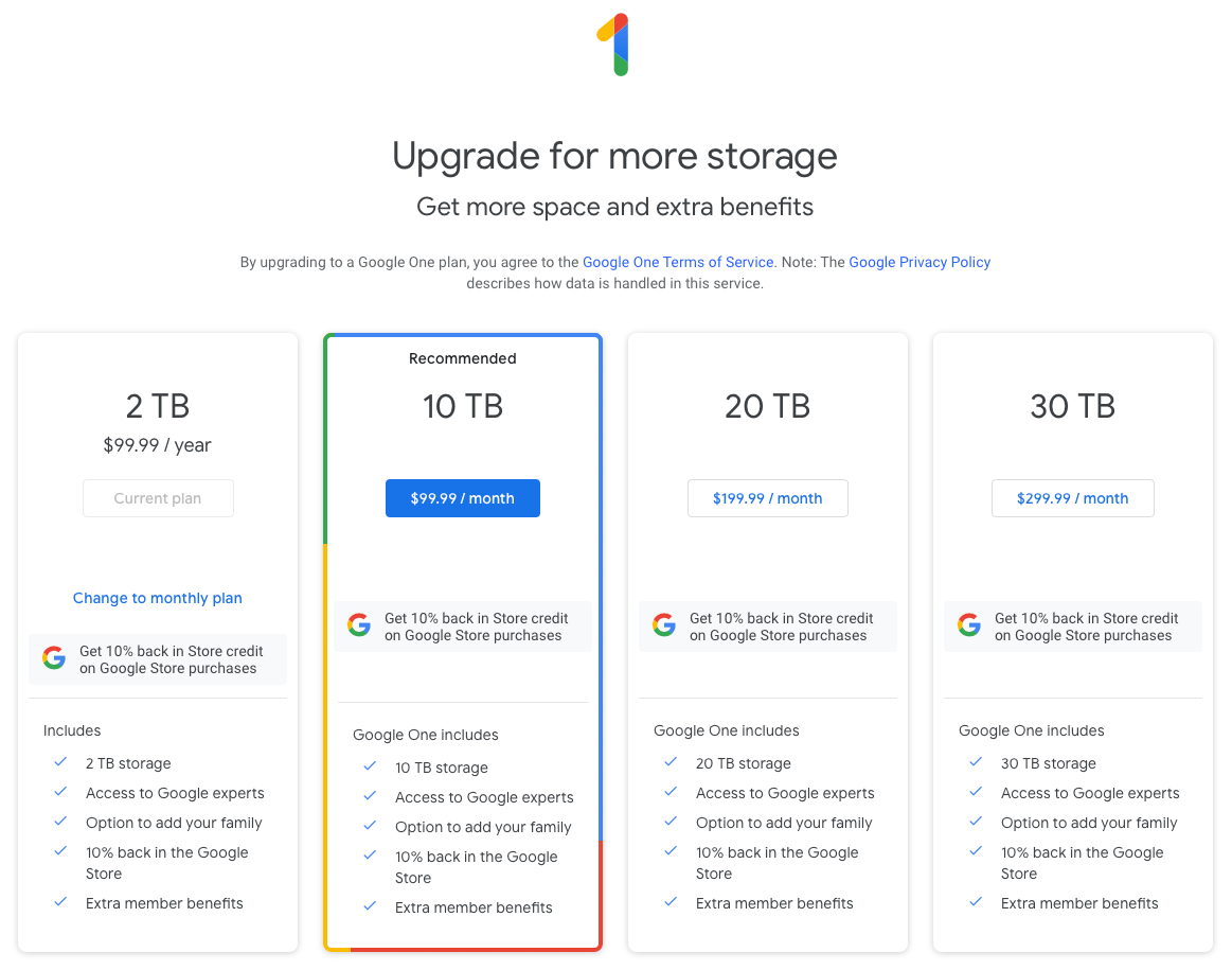 google photos storage pricing