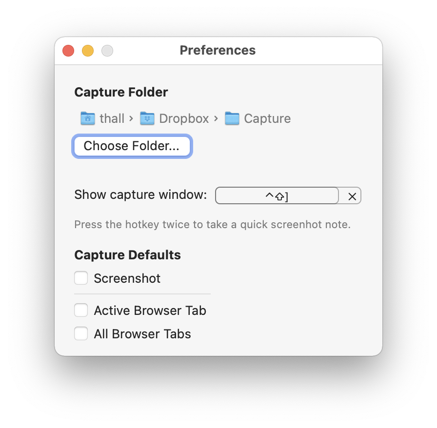 Capture Thing Preferences window