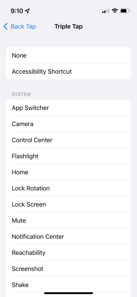 Back Tap command options screenshot