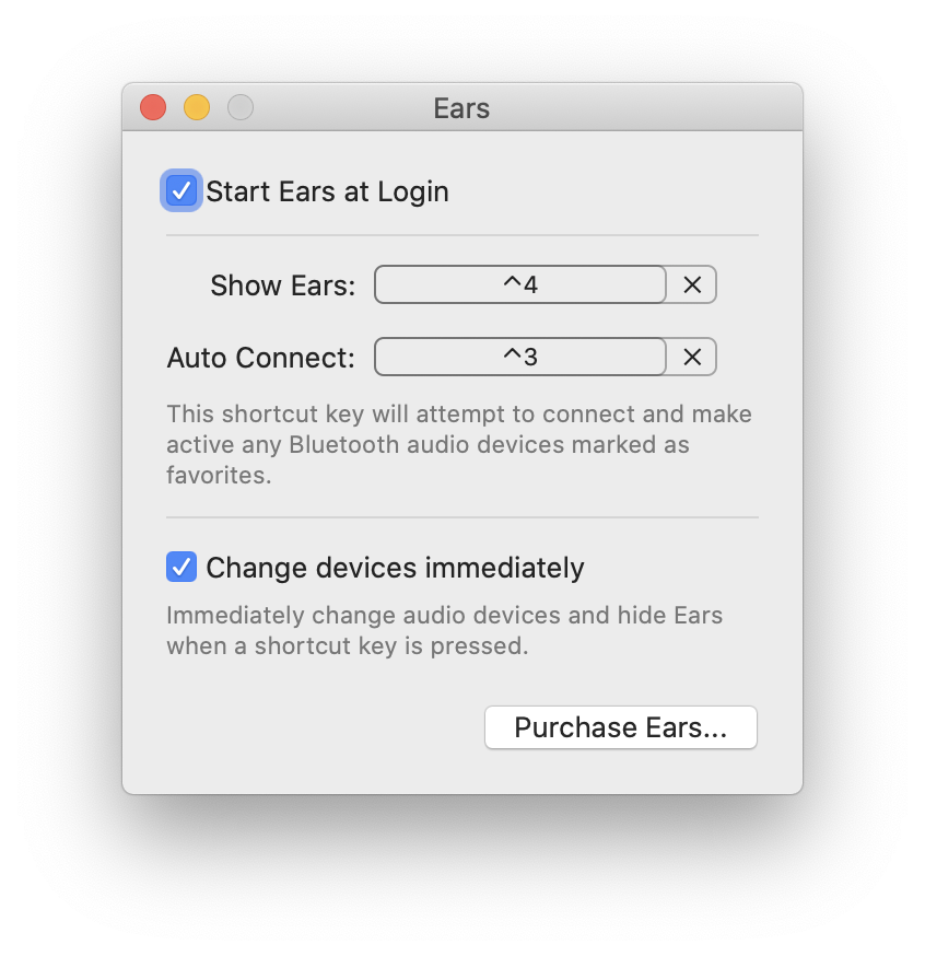 Ears Preferences window