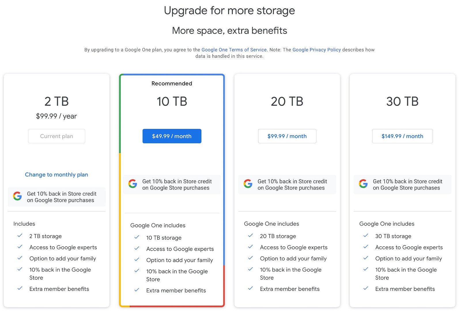 Google One storage tier prices