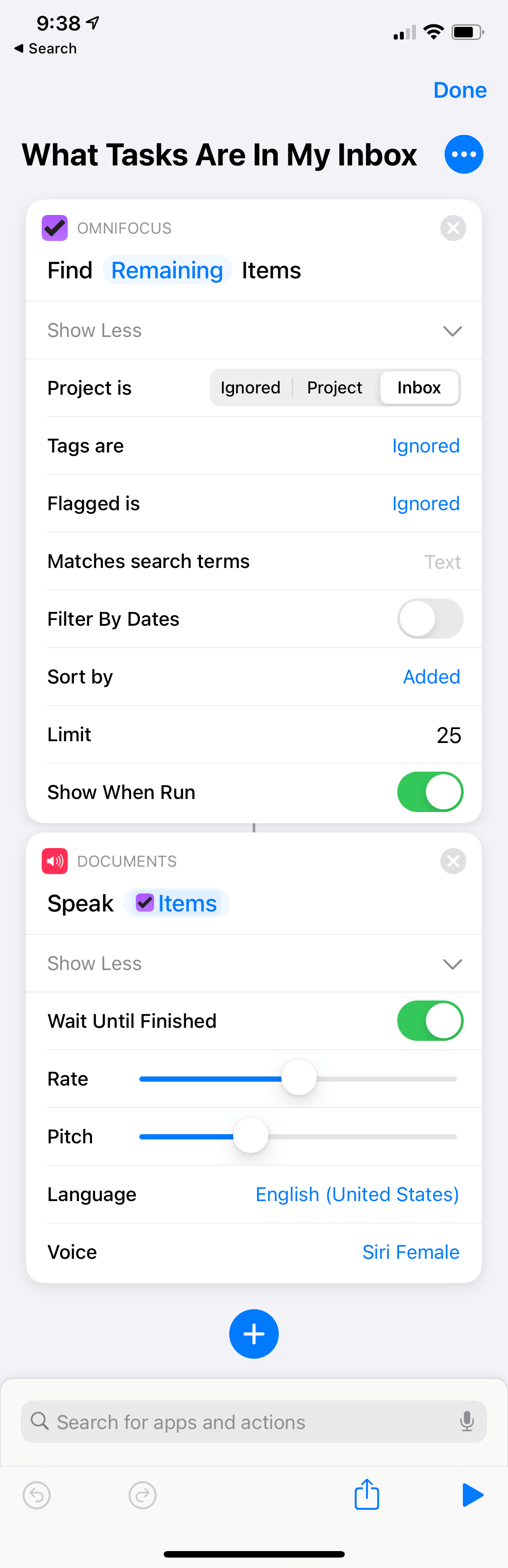 OmniFocus Inbox Shortcuts.app Screenshot