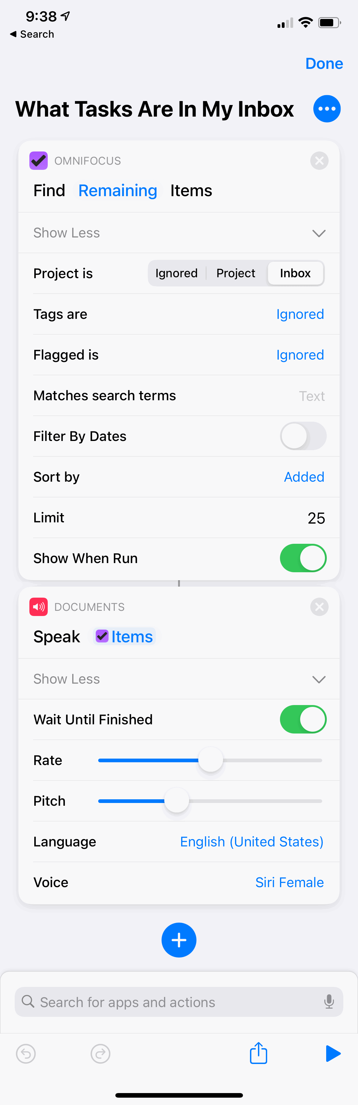 OmniFocus Inbox Shortcuts.app Screenshot